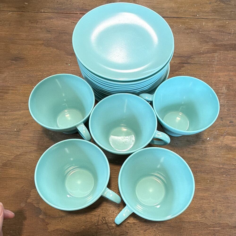 Blue Vintage Melamine Cups And Saucers